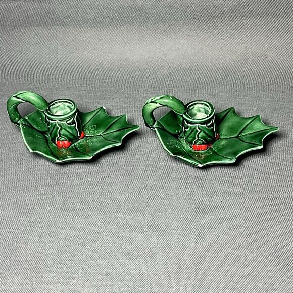 Vintage Antique Christmas Holly Berries Green Candle Stick Holders Holiday Decor - Picture 8 of 13